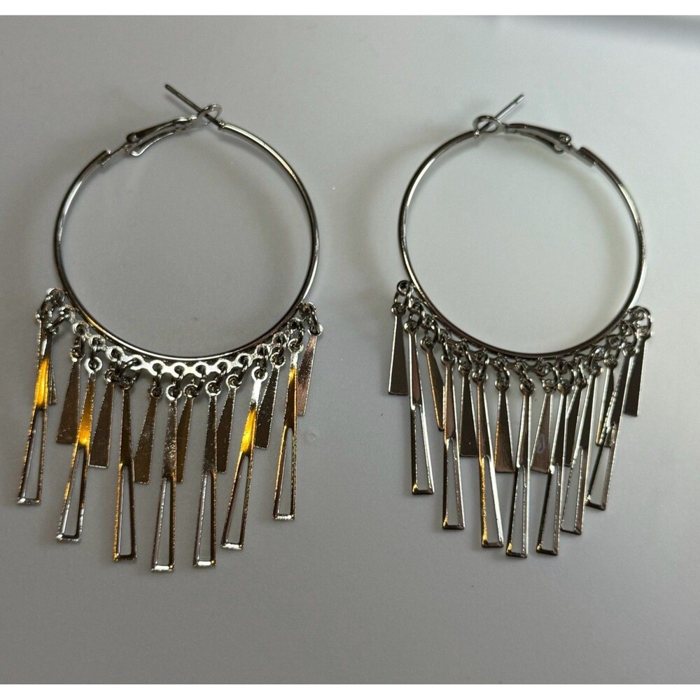 Vintage Silver Hoop Earrings Geometric Fringe Dangle Chandelier Statement Boho